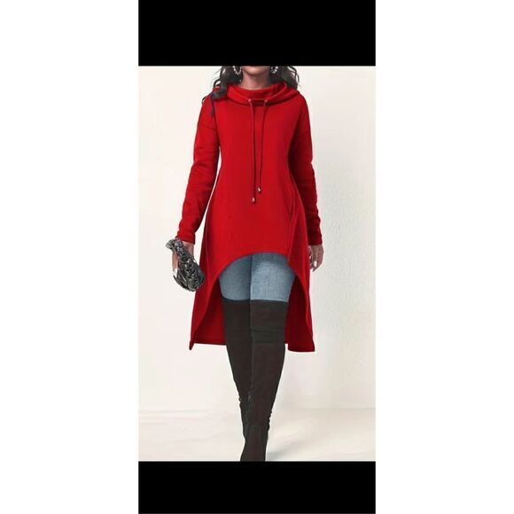 🔥Red High-low casual hoodie, long sleeve drawstring sweatshirt, size Lg/XL (14) - Picture 5 of 15